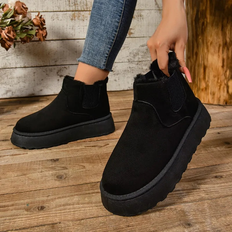 2025 Winter Women Short Plush Warm Snow Boots Casual Shoes  New Suede Fur Chelsea Ankle Boots Flats Platform Ladies Shoes Botas