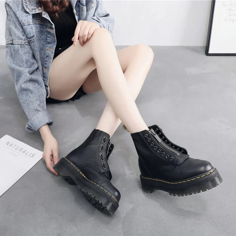 Botas Plataforma Cuero Unisex – Estilo Punk Motociclista con Cremallera Frontal