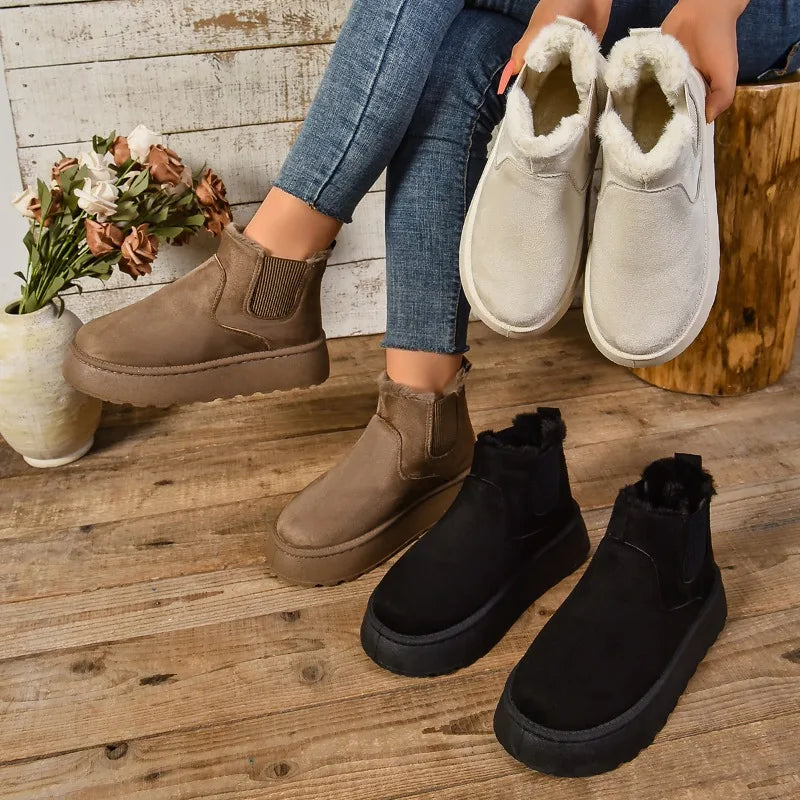 2025 Winter Women Short Plush Warm Snow Boots Casual Shoes  New Suede Fur Chelsea Ankle Boots Flats Platform Ladies Shoes Botas