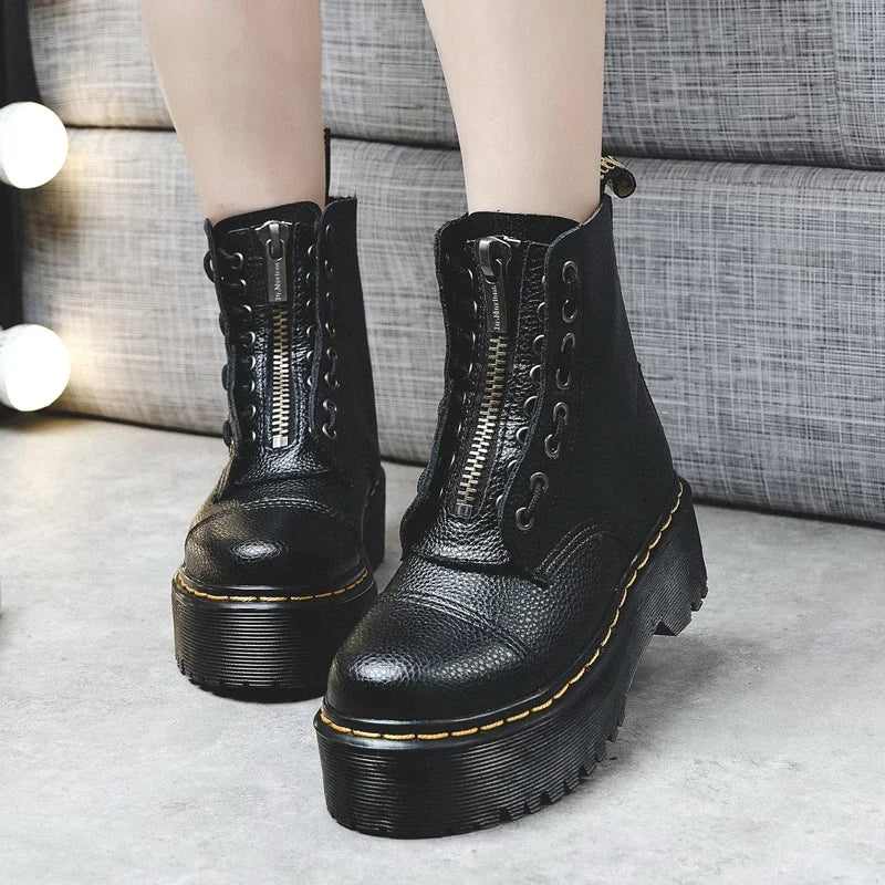 Botas Plataforma Cuero Unisex – Estilo Punk Motociclista con Cremallera Frontal